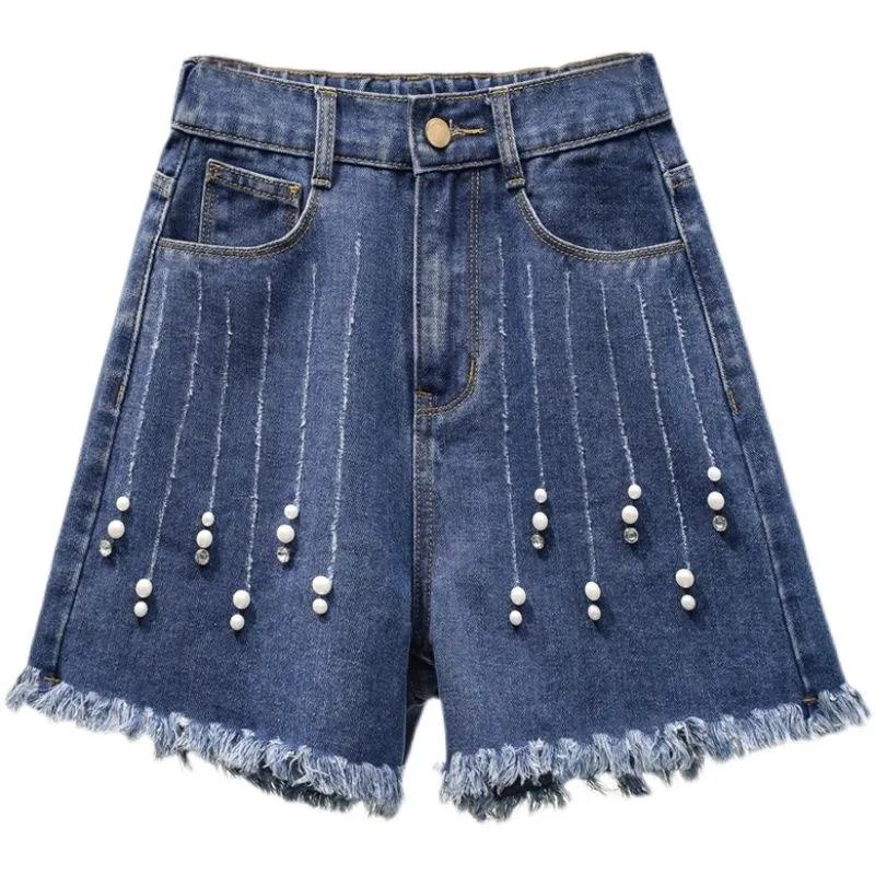 Women's Summer Large Size Pearl Raw Edge A-line Wide-leg Pants Denim Shorts Elastic Waist Casual Bead Shorts