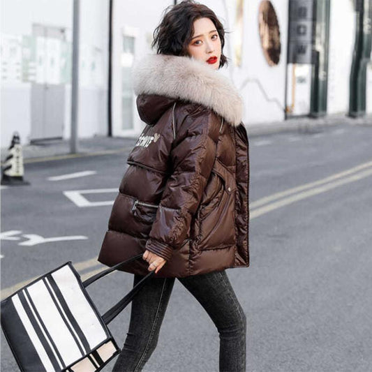 Women's Glossy Loose Down Jacket Mid-length Korean Thick Coat Warm Cotton Coat with Big Fur Collar Winter Quilted Jacket