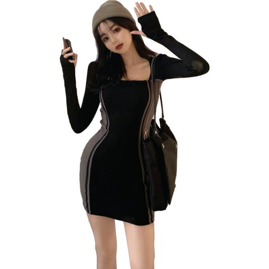 Female Large Size Stitching Unique Design Square Collar Club Dress Elegant and Slim In Spring