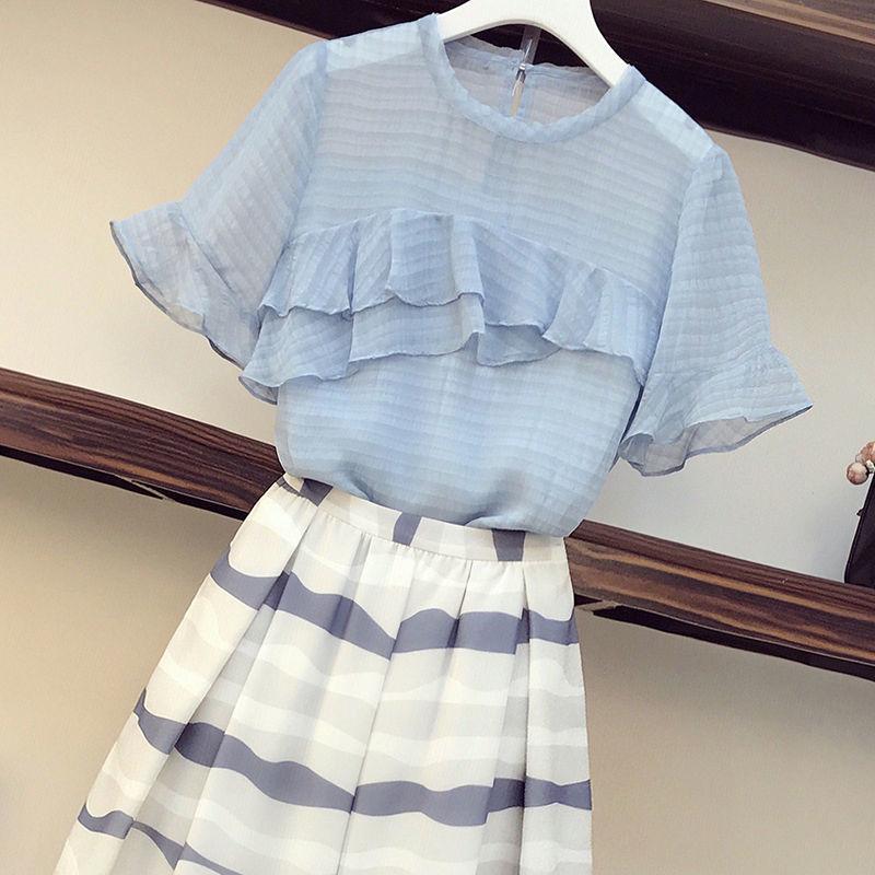 Women Summer Elegant Chiffon Casual Skirt Suit Round Neck Vintage Two-piece Set Female Slim Holiday Skirt Set