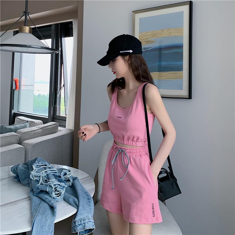 2PCS Summer Women's Sports Suit Vest T-shirt + Loose Drawstring Shorts Two-piece Set Fitness Running Jogging Suit Casual Workout Clothes Set