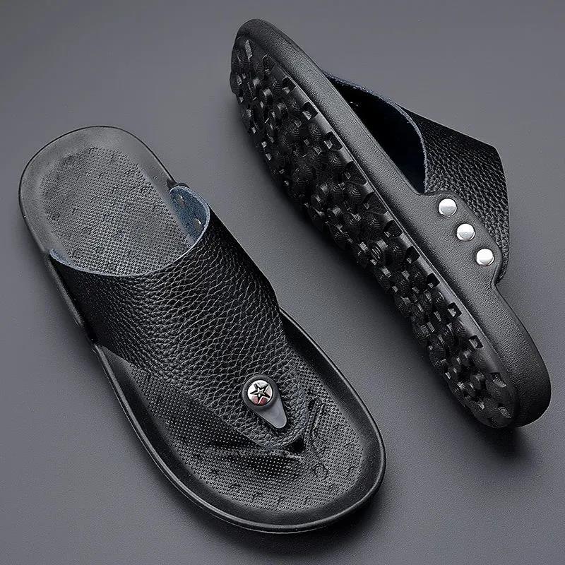 Real Leather Summer Slippers Men's Non-Slip Flip-Flops Fashion Casual Slippers Sandals