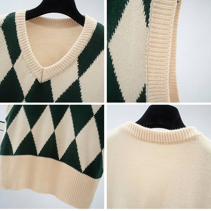 Autumn and Winter Retro Rhombus V-neck Knitted Vest Female Pullover Sleeveless Sweater