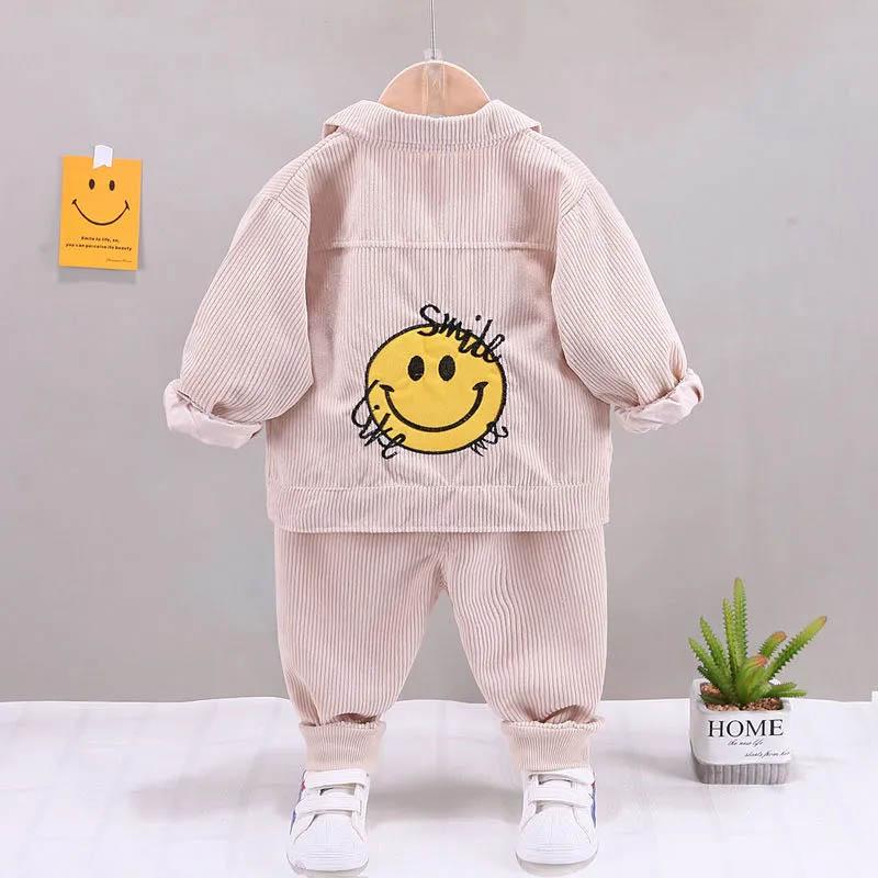 Boys spring and autumn suits baby thin three-piece set printing contrast color design smiley pattern long-sleeved jacket top pants three-piece set