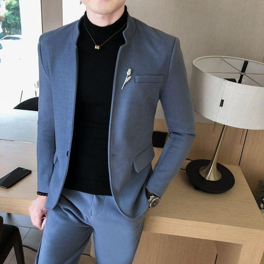 Men's Two-piece Suits Slim-fit Stand-up Collar Small Suit Groomsmen Groom Dress Suit Jacket Trousers Suit