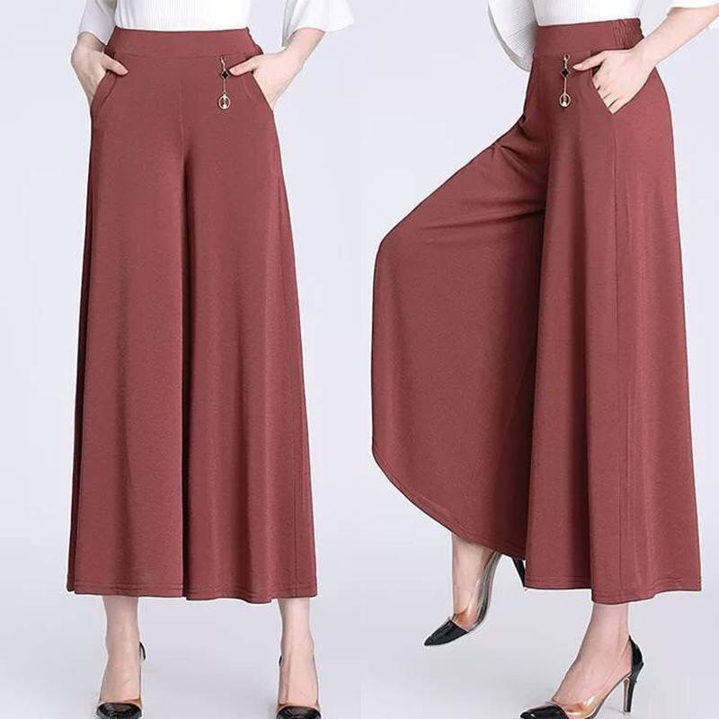 Summer Mother Loose Large Size Wide-leg Pants Cool and Thin Middle-aged and Elderly Culottes Elastic High-waist Wide-leg Women's Pants