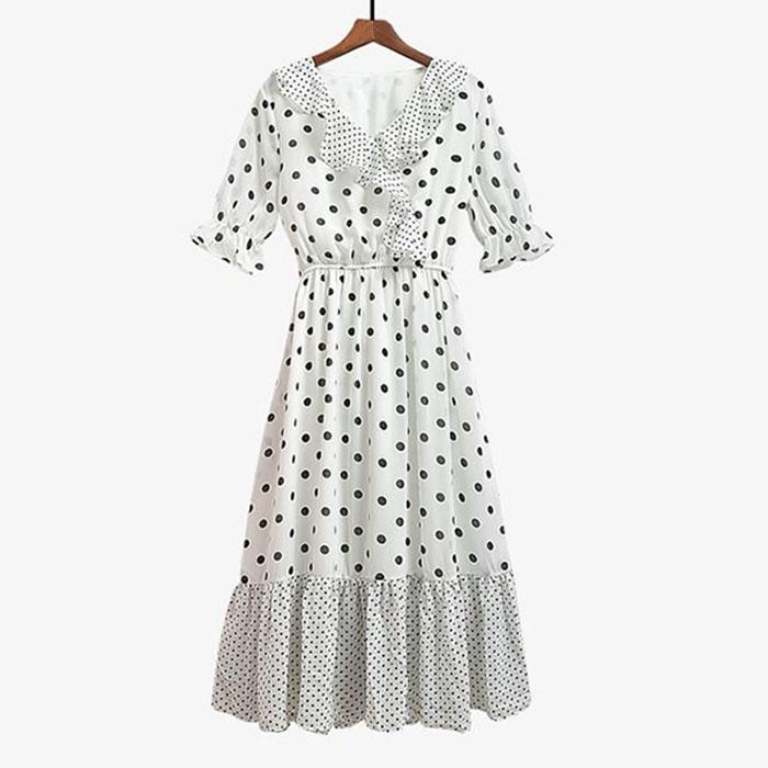 Women Chiffon Polka Dot Dress Slim Short Sleeve V-Neck A-line Vacation Beach Sun-dresses