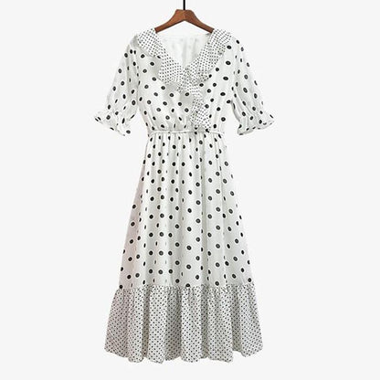 Women Chiffon Polka Dot Dress Slim Short Sleeve V-Neck A-line Vacation Beach Sun-dresses