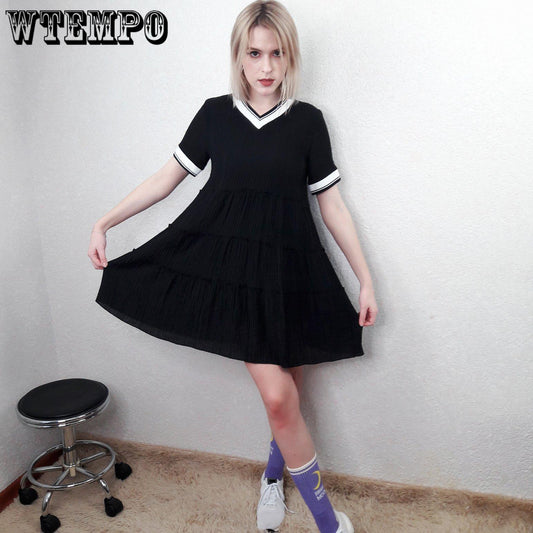 Summer Women Vintage V-neck Pleated Dress Loose Short Sleeve Short Chiffon Dress for Party