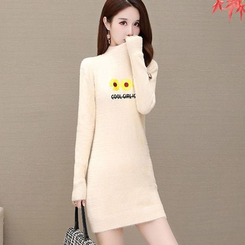 Autumn and Winter Mohair Knitted Sweater Half High Neck Thick Loose Bottoming Shirt Mid-length Casual Women Sweater Dress