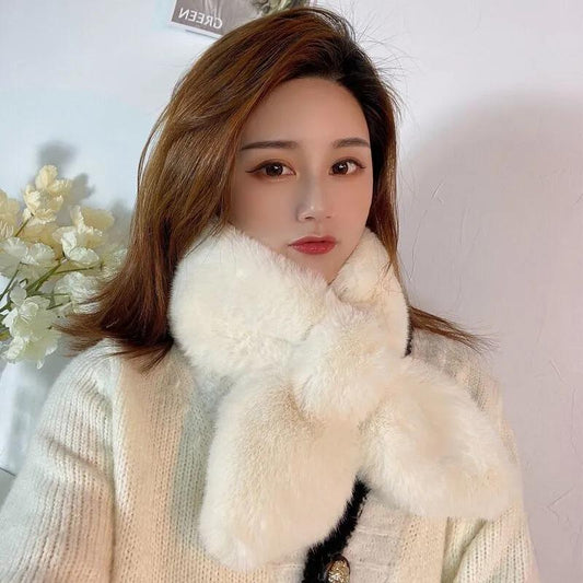 Women's Winter Bib Dovetail Cross Scarf Soft Waxy Fluffy Plush Faux Rex Rabbit Fur Bib Thick Warm Solid Color Double-sided Fleece Thermal Neckerchief