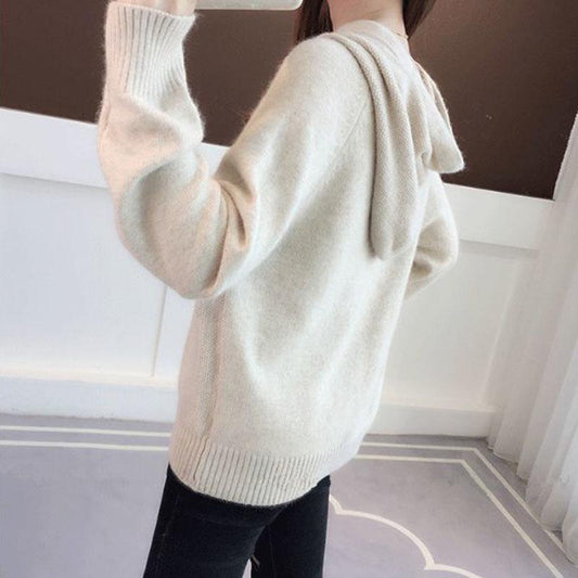 Spring and Autumn Hooded Jacket Loose Short Knitted Sweater Solid Color Long Sleeve Women's Top