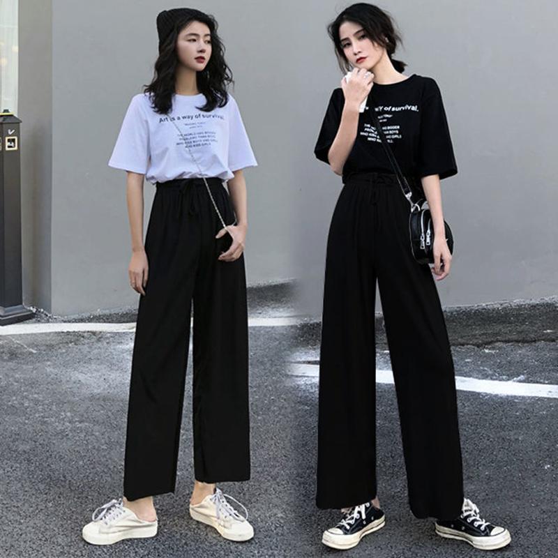 Two-piece Suit Clothes Summer Casual Wide-leg Nine-point Pants Round Neck Short-sleeved T-shirt Women's Casual Sports Suit Home Casual Wear