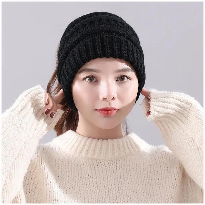 Women's Autumn and Winter Hats All Match Ponytail Hats Cute Warm Caps Empty Top Woolen Knitted Hat Outdoor Sports Baseball Hats No Top Knitting Hat