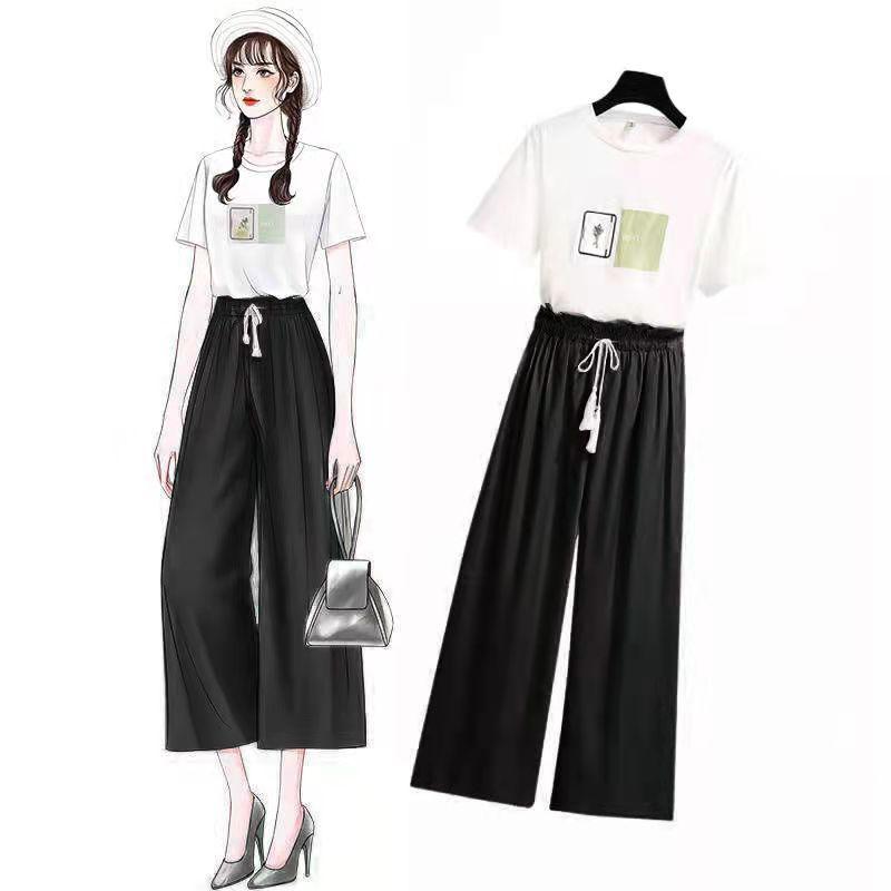 2PCS Women's Short-sleeved Suit Loose T-shirt Wide-leg Pants Two-piece Sets Summer Fashion Student Casual Set Preppy Style Tee Ladies Casual Suits