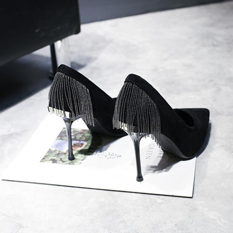 Pointed High Heels Female Spring and Summer Stiletto French Girl Sexy Black High Heels with Fringed Fringe