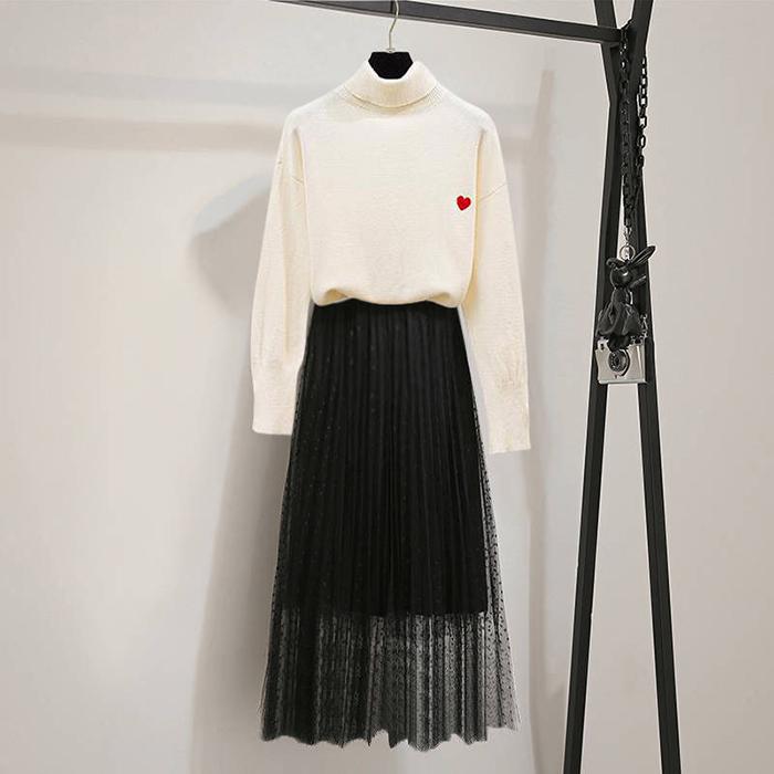 Thin Women Turtleneck Pullover+Black Woolen Skirt Two Piece Knitted Bottoming Skirt Set Top