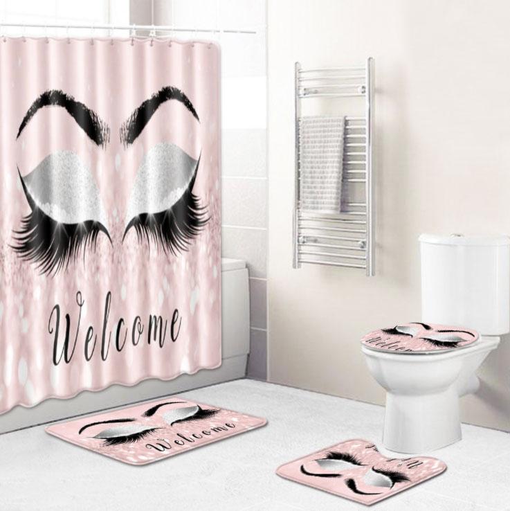 Charming Flower Pattern Bathroom Non-slip Mat Carpet Toilet Seat Cushion Shower Curtain Set