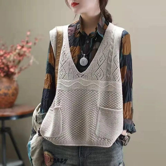 V-neck Vest Women's Spring and Autumn Wear Hollow Retro Literary and Artistic Knitted Vest Wear Loose Top