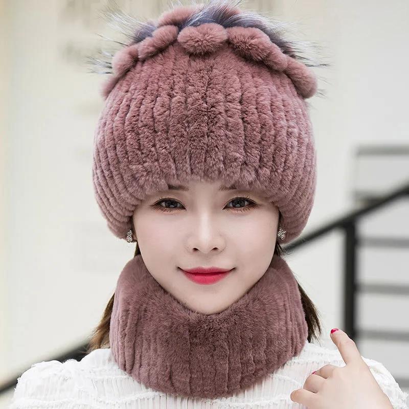 Women's Hat Winter Imitation Rabbit Fur Thick Warm Knitted Hat Korean Fashion Ear Protection Fur Hat Scarf Set