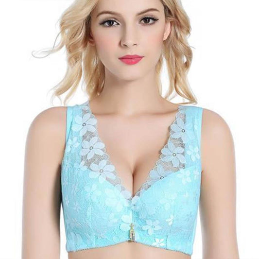 With Steel Rings Gathered Ultra-thin Large Size Underwear Sexy Lace Deep V Vest Type Big Breasts Small Breathable Comfortable Bra