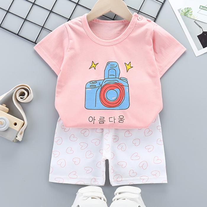 Children's Short Sleeve Suit Korean Style Boys and Girls Set Printing T-shirt + Shorts Two Piece Set