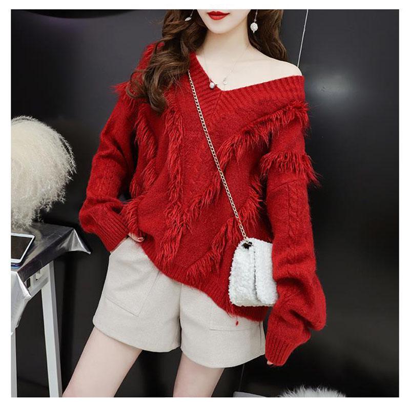 Sweater Women Red Loose Lazy Style V-neck Sweater Young Women Solid Color Fashion Top