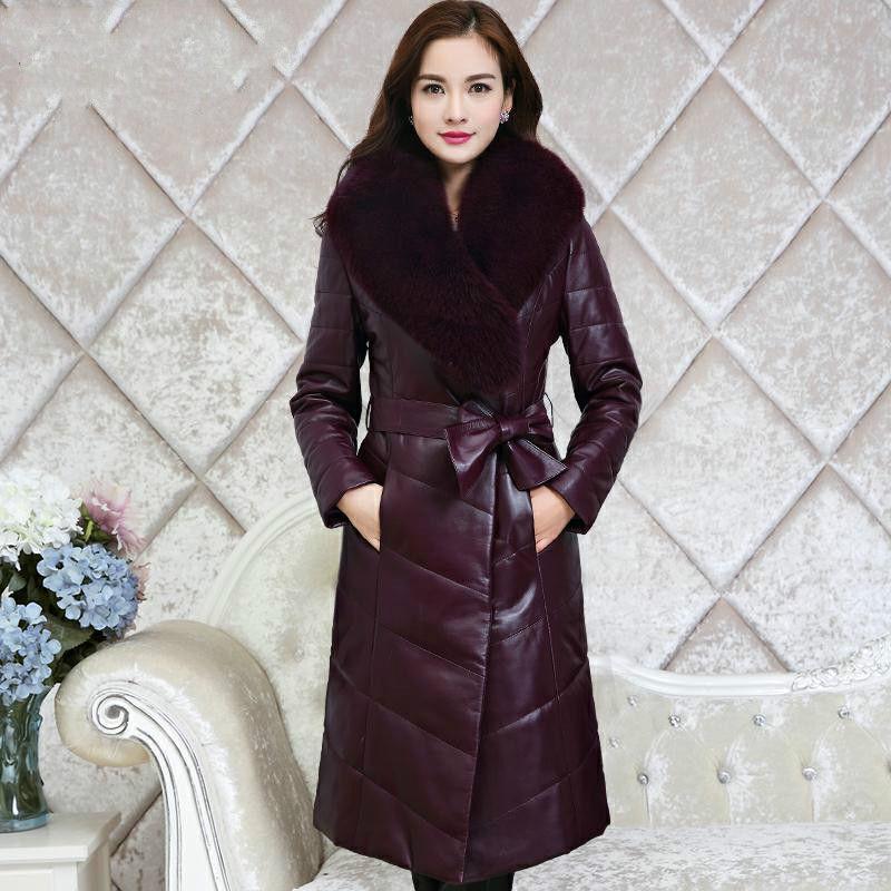 Winter PU Leather Female Imitation Fox Fur Collar Cotton Jacket In The Long Section Slim Padded Jacket Fashion Casual Women Leather Jacket