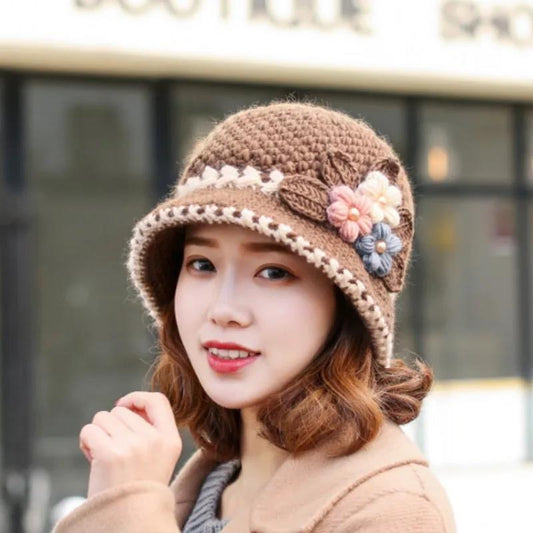 Winter Women's Knitted Hat Classic Handmade Woolen Bowl Hat and Velvet Warm Hat