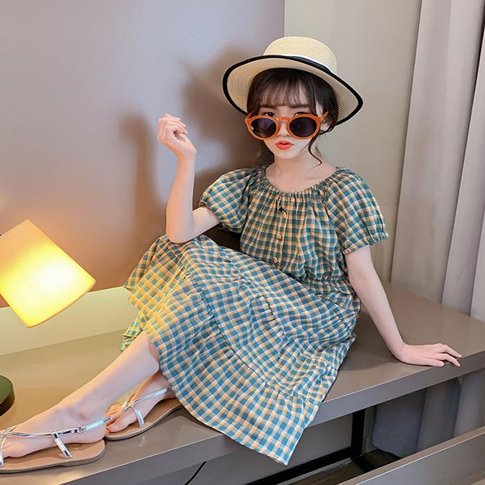 Girls Summer Korean Cake Skirt Suit Girl Western Style Cotton Plaid Short-sleeved Skirt Two-piece