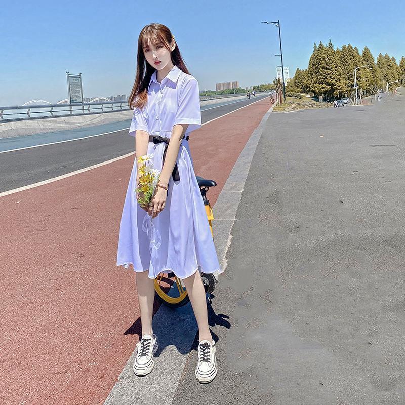 Woman Spring Summer Mid-length Dress Vintage High Waist Holiday Shirt Dress Short Sleeve Elegant Slim Pleated Dress