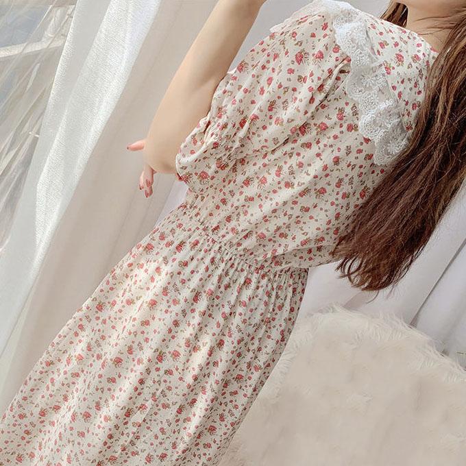 Women Summer Vintage High Waist Fairy Holiday Long Dress Elegant Slim Lace Peter Pan Collar Idyllic Floral Printed Dress