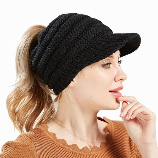 Women's Knitted Ponytail Hat Woolen Warm Cap Sports Outdoor Style Warm Baseball Cap All-match Outdoor Riding Hat Empty Peaked Knitting Cap with Brim