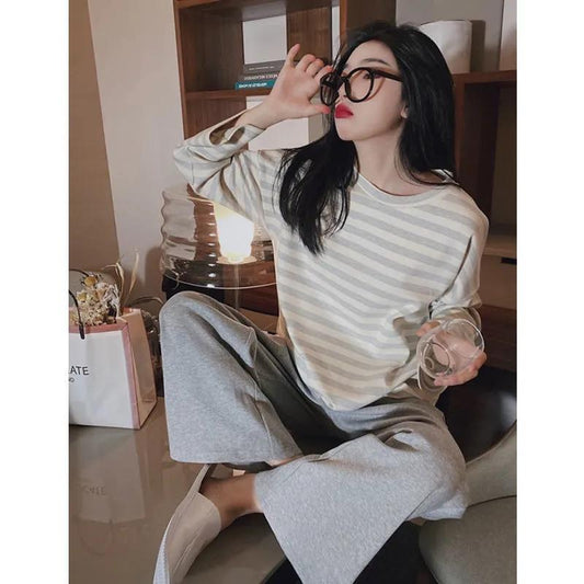 Women's Spring Autumn Cotton Pajamas Set Thin Loose Striped Pyjamas Two-piece Set Large Size Out Wear Long-sleeves Round Neck Homewear Sleeping Suit