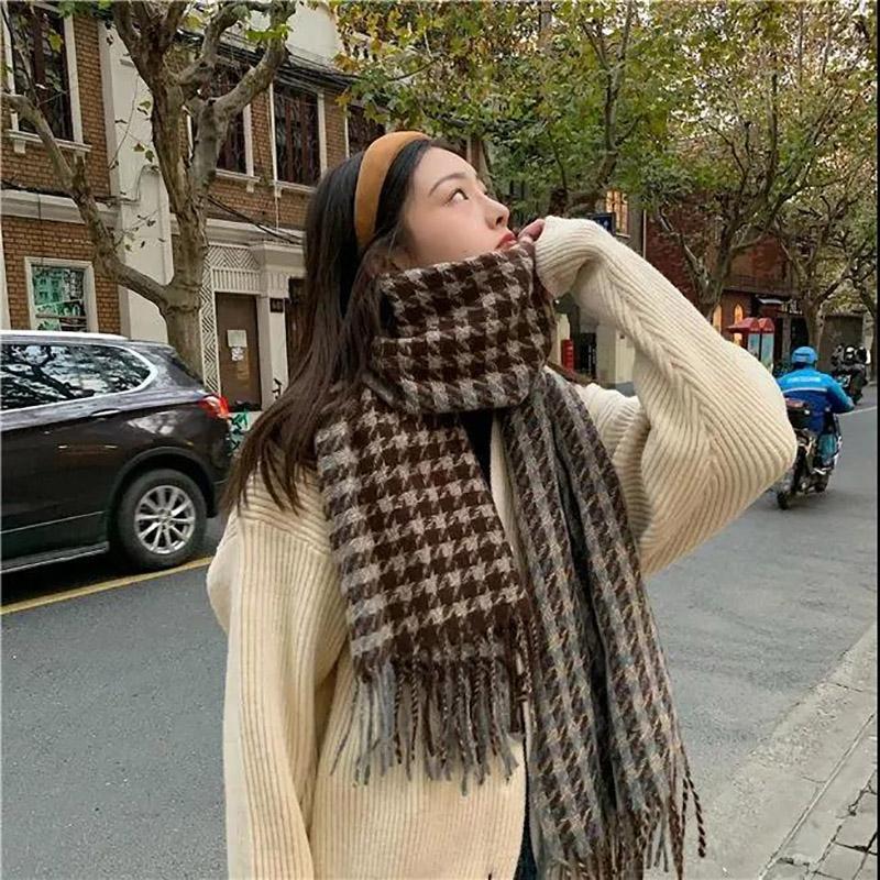 Winter Imitation Cashmere Scarf Korean Tassel Houndstooth Scarf Thick Warm Women's Scarf Shawl