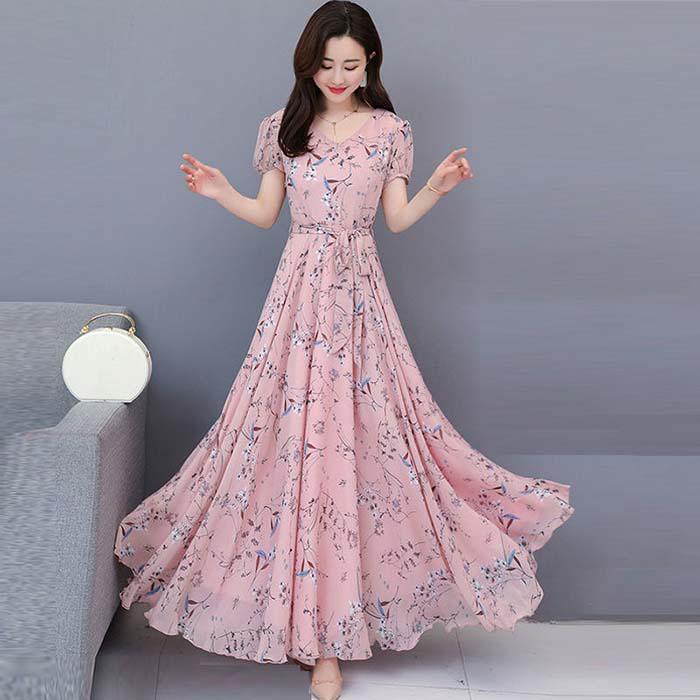 Pofulove S-4XL Women Printed Chiffon A-line Dress Slim Big Skirt Long Dress Bohemian Beach Skirt