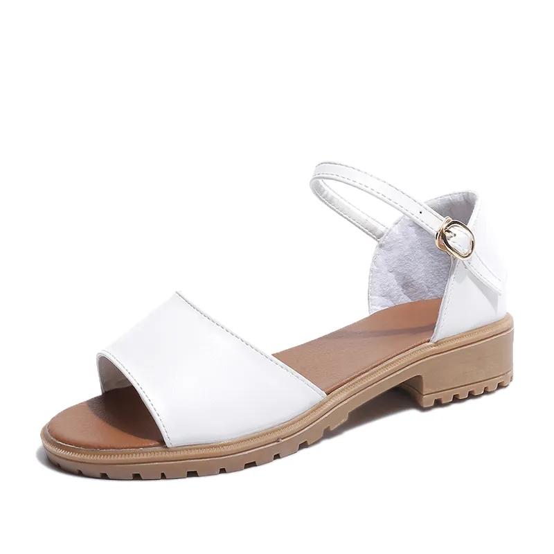 Women's Summer One Word Buckle Flat Roman Sandals Korean Version Thick Heel Fish Mouth Sandal Wear-resistant Non-slip Bottom Solid Color