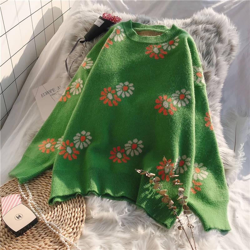 Pofulove Autumn and Winter Loose Flower Jacquard Sweater Women's Pullover Round Neck Sweater