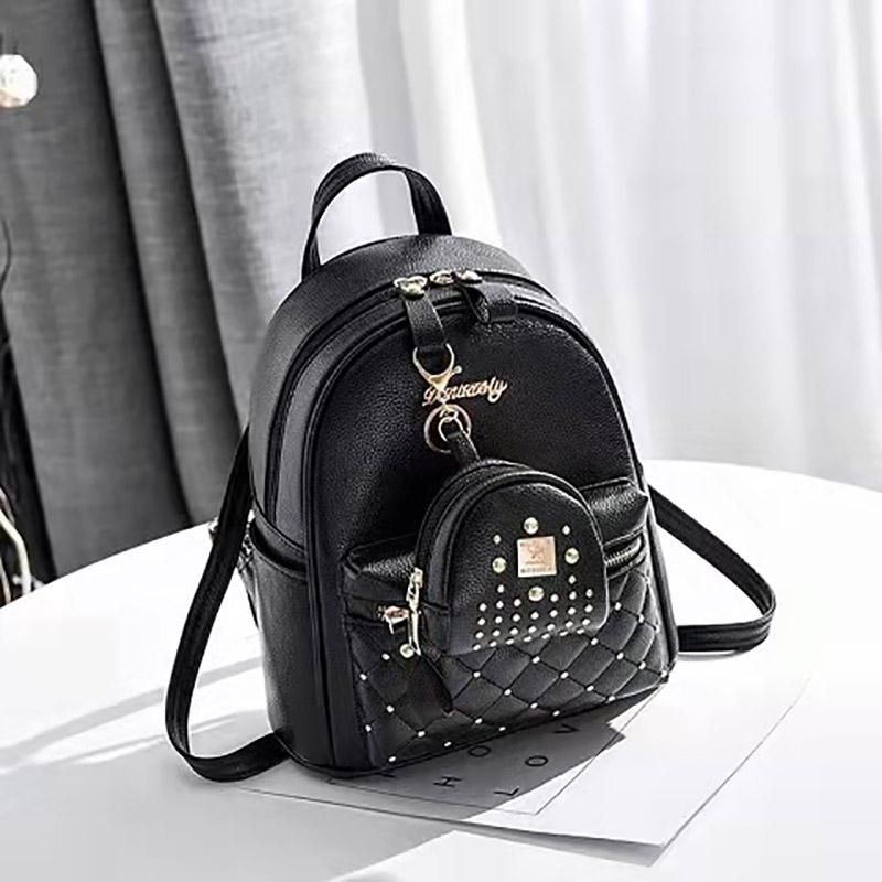 2pcs Women Leather Backpack School Rucksack Rivet Bag Mini Wallets Purse