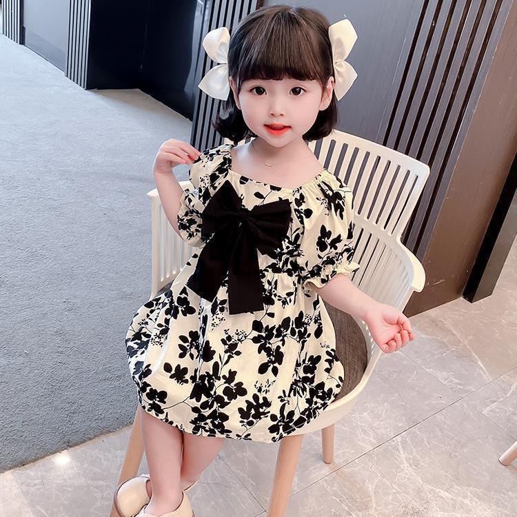 Children Dress Spring Summer Girls' Bow Chiffon Dress Floral Skirt Short Sleeve Girdle Princess Skirt A-line Dress