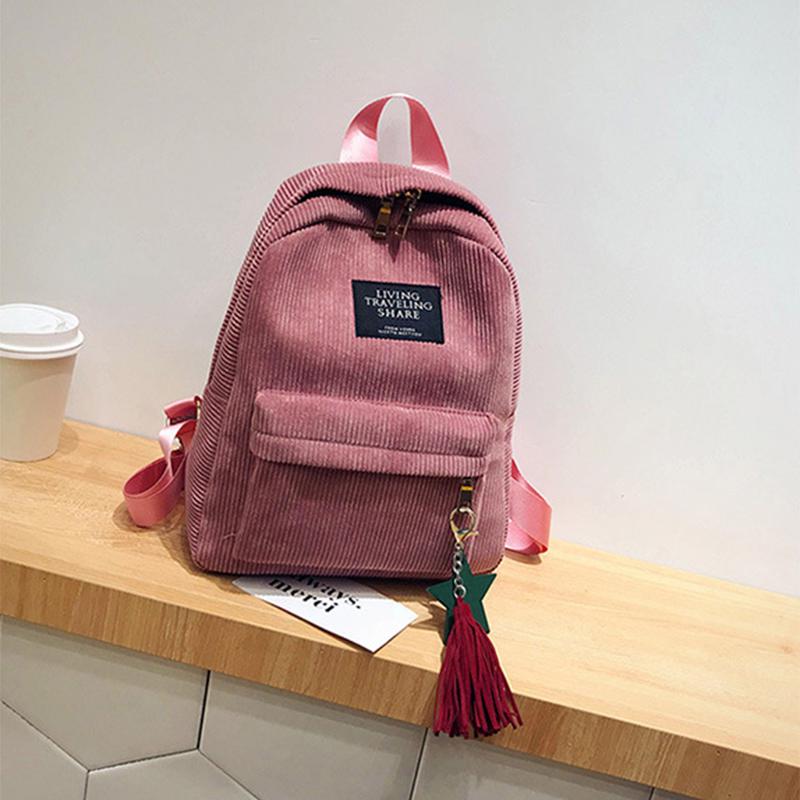 Corduroy Backpack for Women Cute Tassel Student School Bag Casual Knapsack