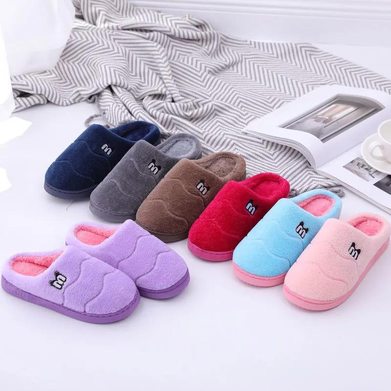 Winter Slippers Women Warm Cotton Shoes Thick Fleece Home Slides Men Plus Size Slippers Pink Blue Couples Non Slippers