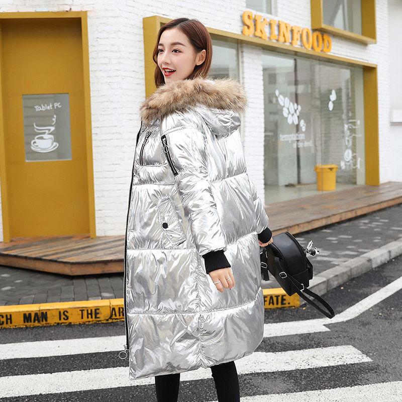 Women Mid-length Winter Duck Down Jacket Hooded Big Fox Fur Collar Puffer Coat Korean Shiny Womens Down Jackets Parka