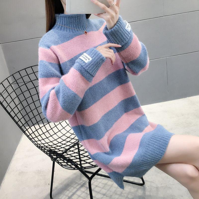 Autumn and Winter Mohair Sweater Skirt Mid-length Plus Velvet Thick Bottoming Shirt Loose Striped Women's Dress