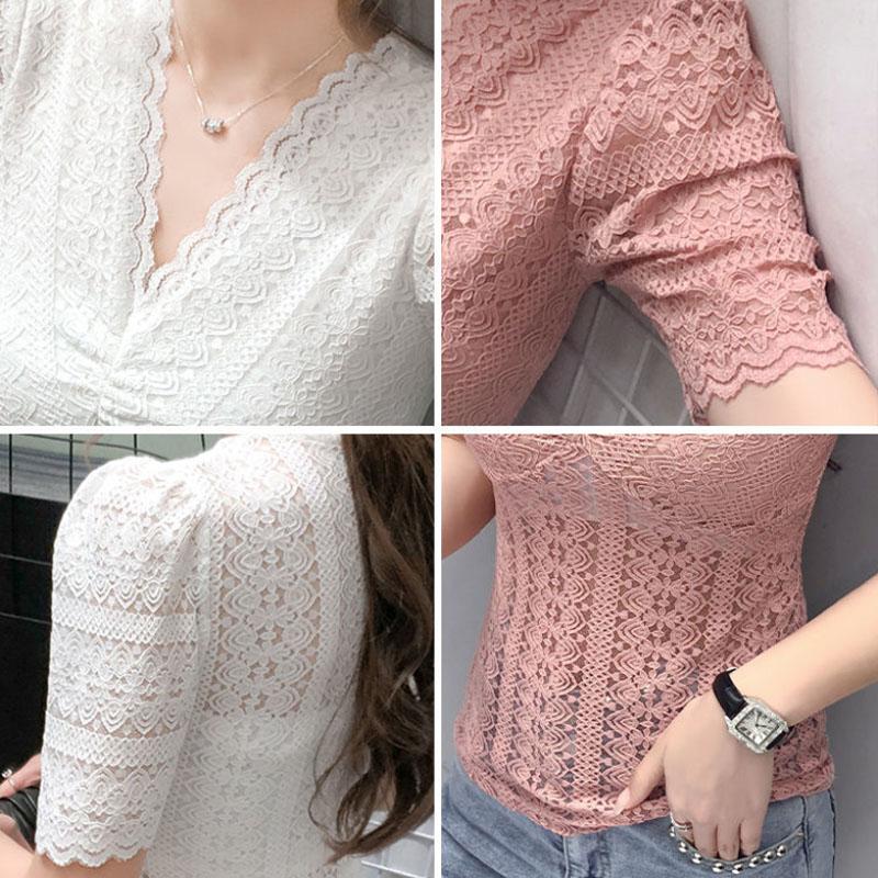 Deep-v Lace Shirt Women Slim Pullover Summer Short Sleeve T-shirt Retro French Casual Top