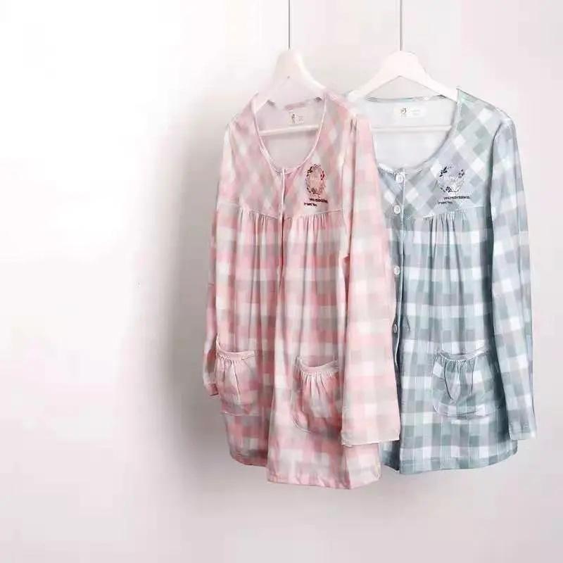 Women's Spring Autumn Long-sleeved Pajamas 100% Cotton Simple Plaid Pyjamas Set Outerwear Loose Comfortable Homewear Set