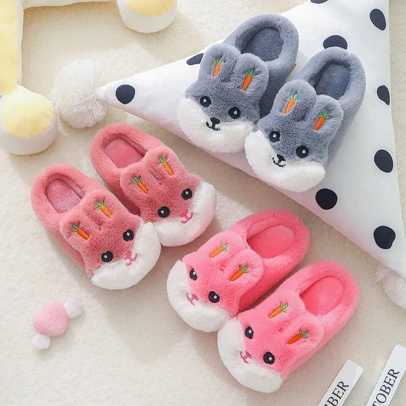 Winter Kids Slippers Cartoon Cute Rabbit Sliders Shoes for Boys Girls Toddler Slippers Plush Soft Fur Cotton Home Indoor Furry Children Baby Slippers