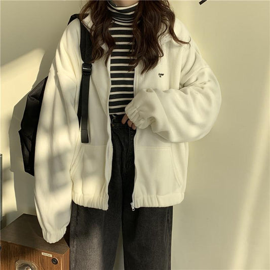 Plus Size Women Long Sleeve Hoodies Sweatshirts Casual Drawstring Zip-Up Pure Color Hoodie Jacket Coat