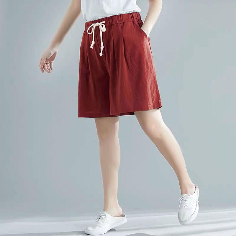 Cotton Shorts Women Loose High Waist Wide Leg Summer Straight Casual Cool Comfortable Elastic Waist Big Pocket Pure Color Simplicity