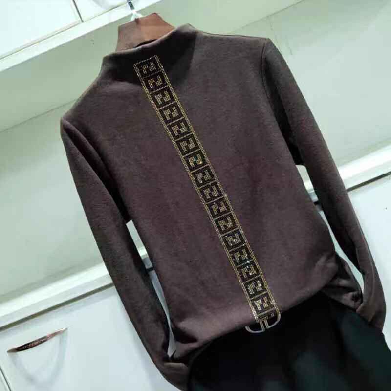 Plus Velvet  Bottoming Shirt Women Autumn and Winter Korean High-neck Rhinestone Pullover Bottoming Shirt